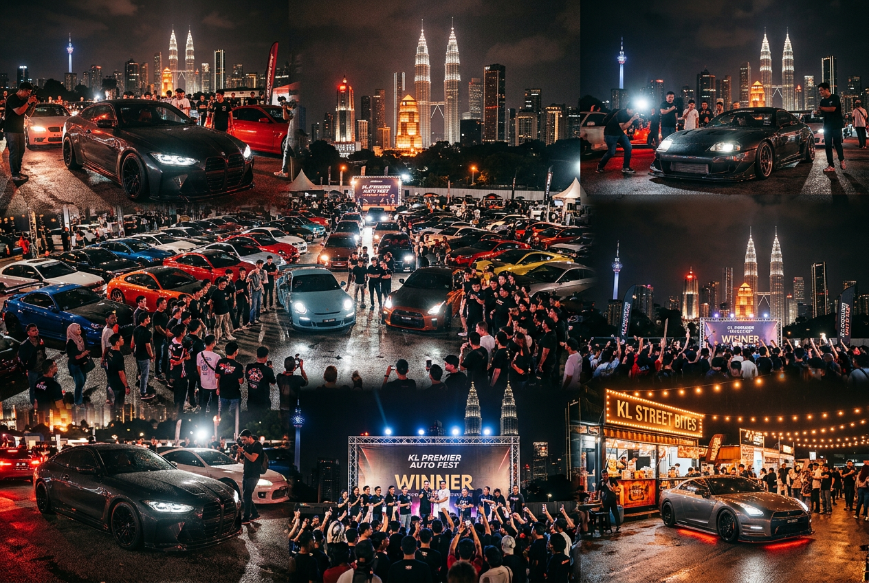 Downtown Kuala Lumpur car show with club meetups, photographers, vendors, and awards